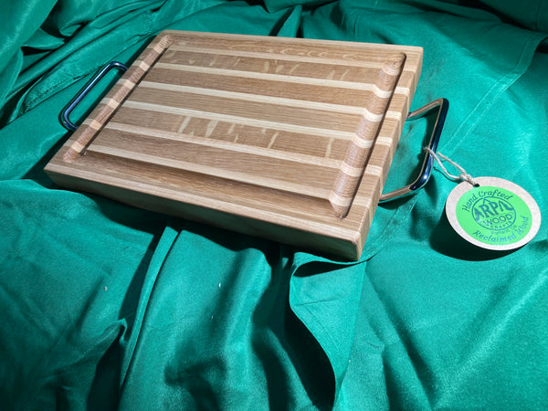 Wood cutting board. Juice groove.Handles and feet. Steak board. Handcrafted from 1/4 sawn white oak and hickory.