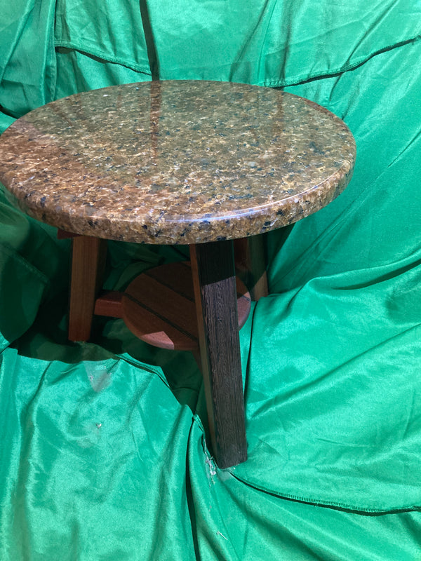 Small stone top table. End table. Plant stand. Entry table. Handcrafted from reclaimed Wenge and Mahogany wood.