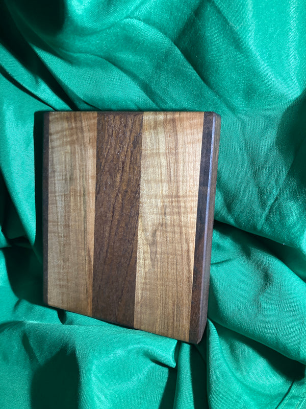 Small wood cutting board. Handcrafted charcuterie board. Cheese board. Small kitchen, r.v., camping, dorm room. Reclaimed wood. Crafted with black walnut and maple wood.
