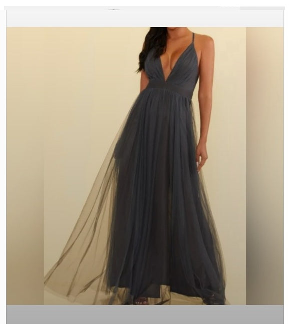Luxxel Selena Tulle Maxi Dress in Charcoal Gray