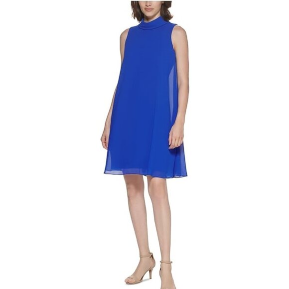 Vince Camuto Blue Zippered Sheer Lined Sleeveless Mock Neck Dress