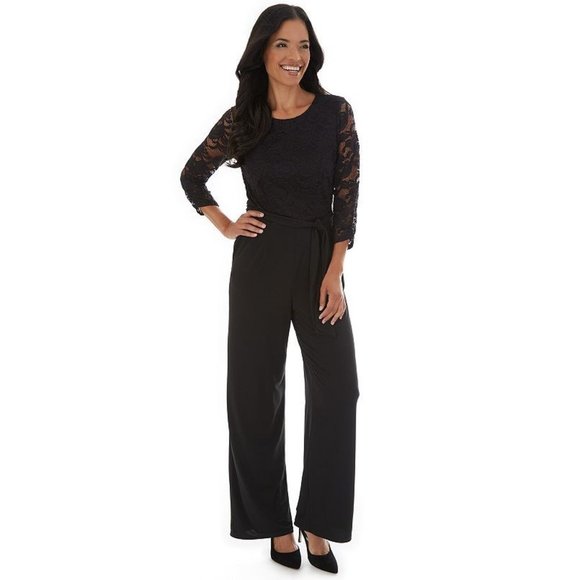 NWT Apt. 9® Lace-Bodice 3/4 Sleeve Jumpsuit in Black Lace