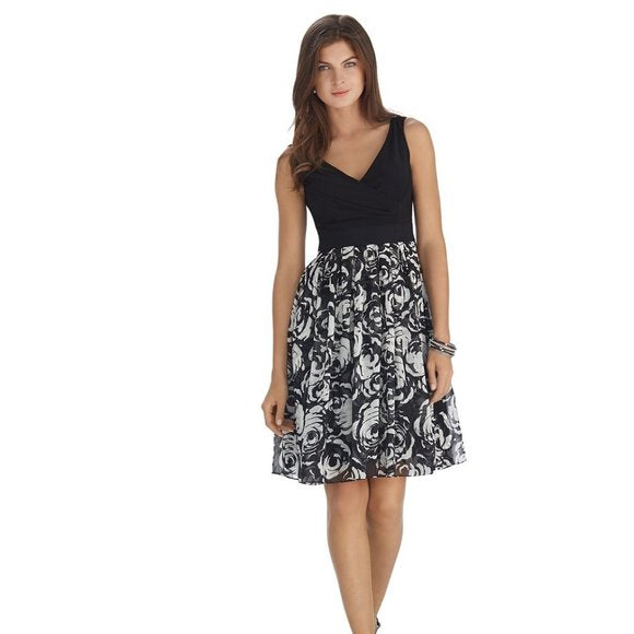 WHBM Sleeveless Rose Print Fit And Flare Dress
