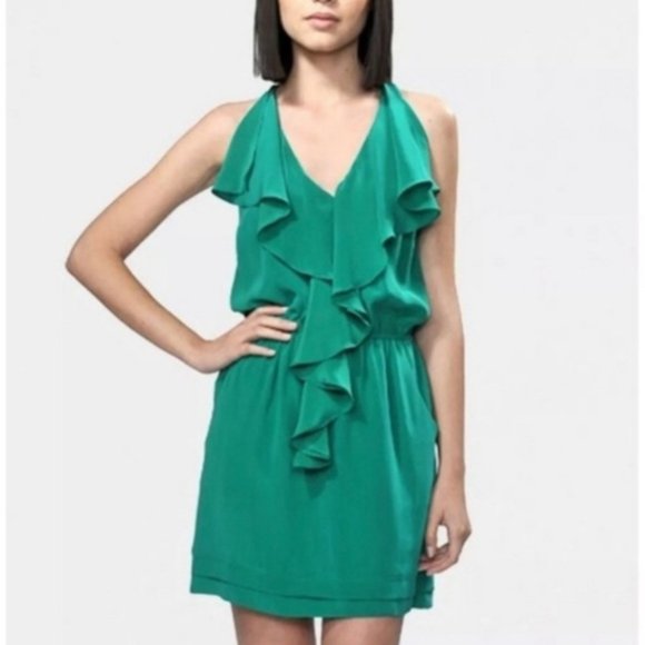 Greylin Silk Ruffle Racerback Dress Emerald