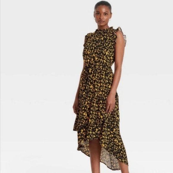Leopard Print Sleeveless Keyhole Back Frill Ruffle Midi Hi-Lo dress