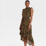 Leopard Print Sleeveless Keyhole Back Frill Ruffle Midi Hi-Lo dress