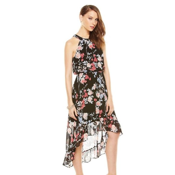 ELLE Floral Chiffon Hi-Low Maxi Dress in Black Floral