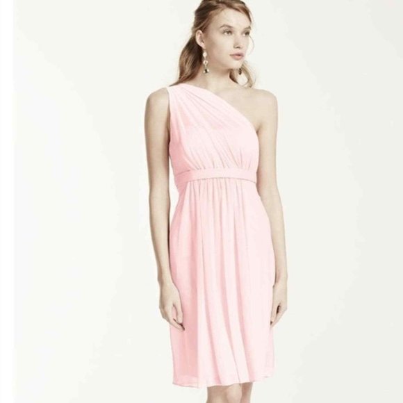 David's Bridal One-Shoulder Chiffon Bridesmaid Dress in Blush Pink F15607