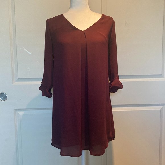 LUSH V-neck Tunic Shirtdress in Burgundy Maroon Wine