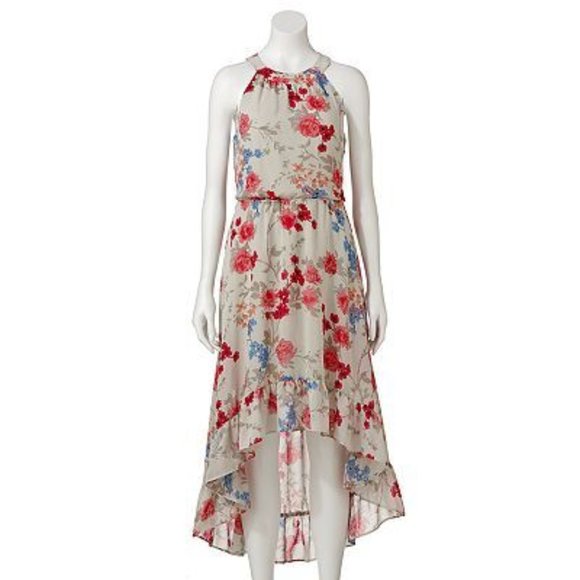 ELLE Floral Chiffon Hi-Low Maxi Dress in Tan