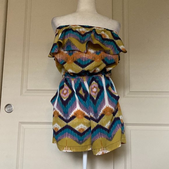 5/48 Aztec Print Strapless Belted Romper