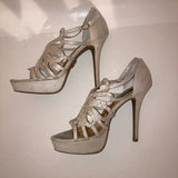 J. Lo Jade Greige Strappy Gold Studded Platform Stiletto Heels