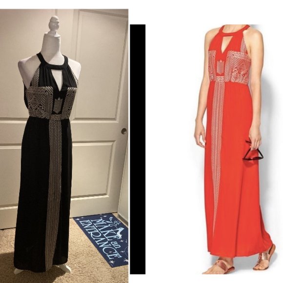 Anthropologie THML Kahmeelah Black Embroidered Maxi Dress Sz S