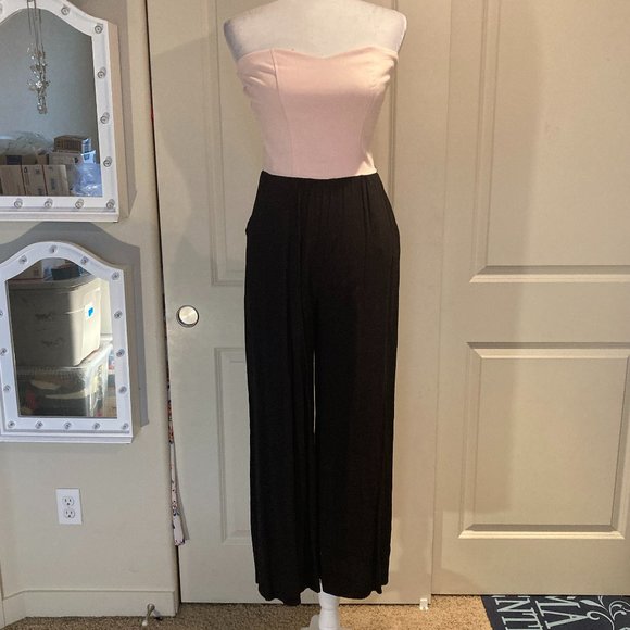 HAVE Strapless Colorblock Jumpsuit in Blush Pink/Black - has pockets!