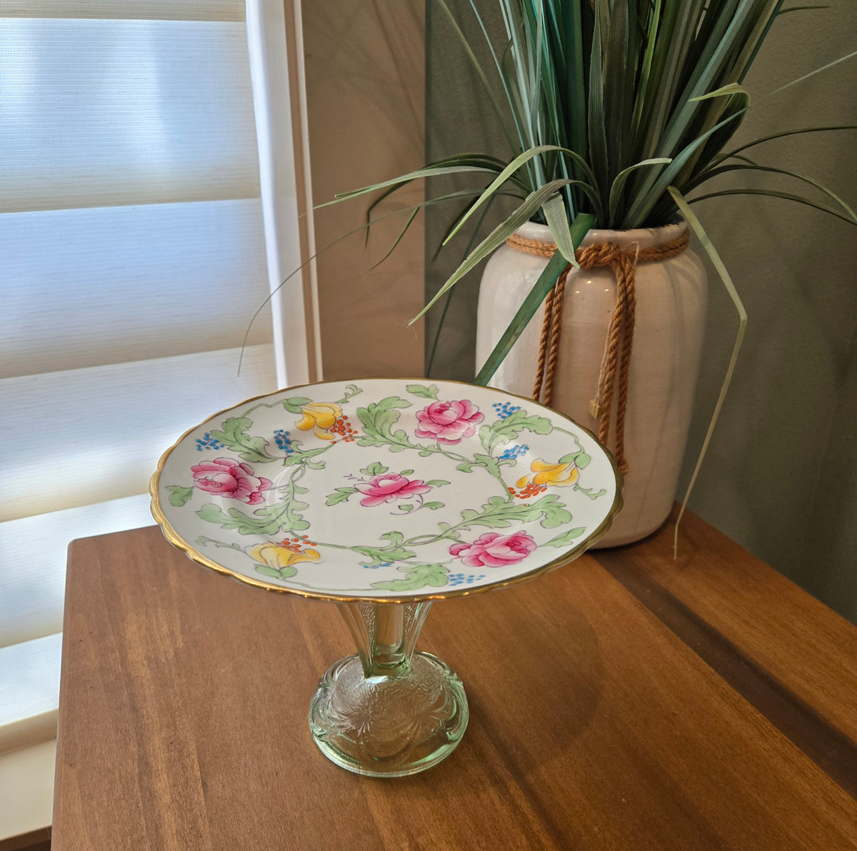 vintage green and pink floral candle holder