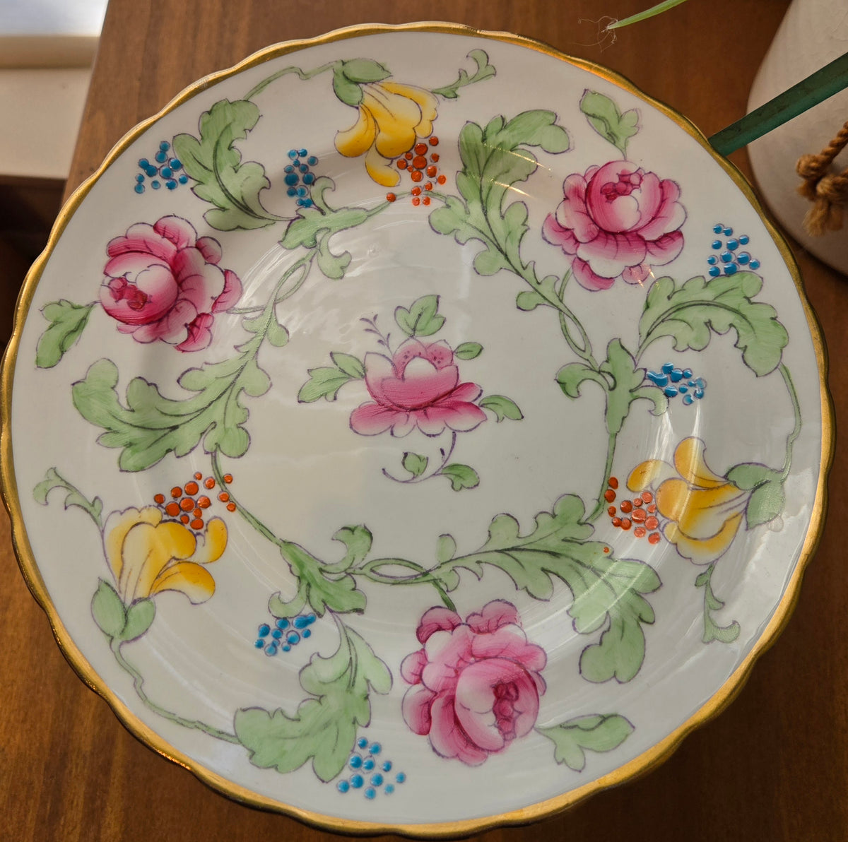 vintage green and pink floral candle holder