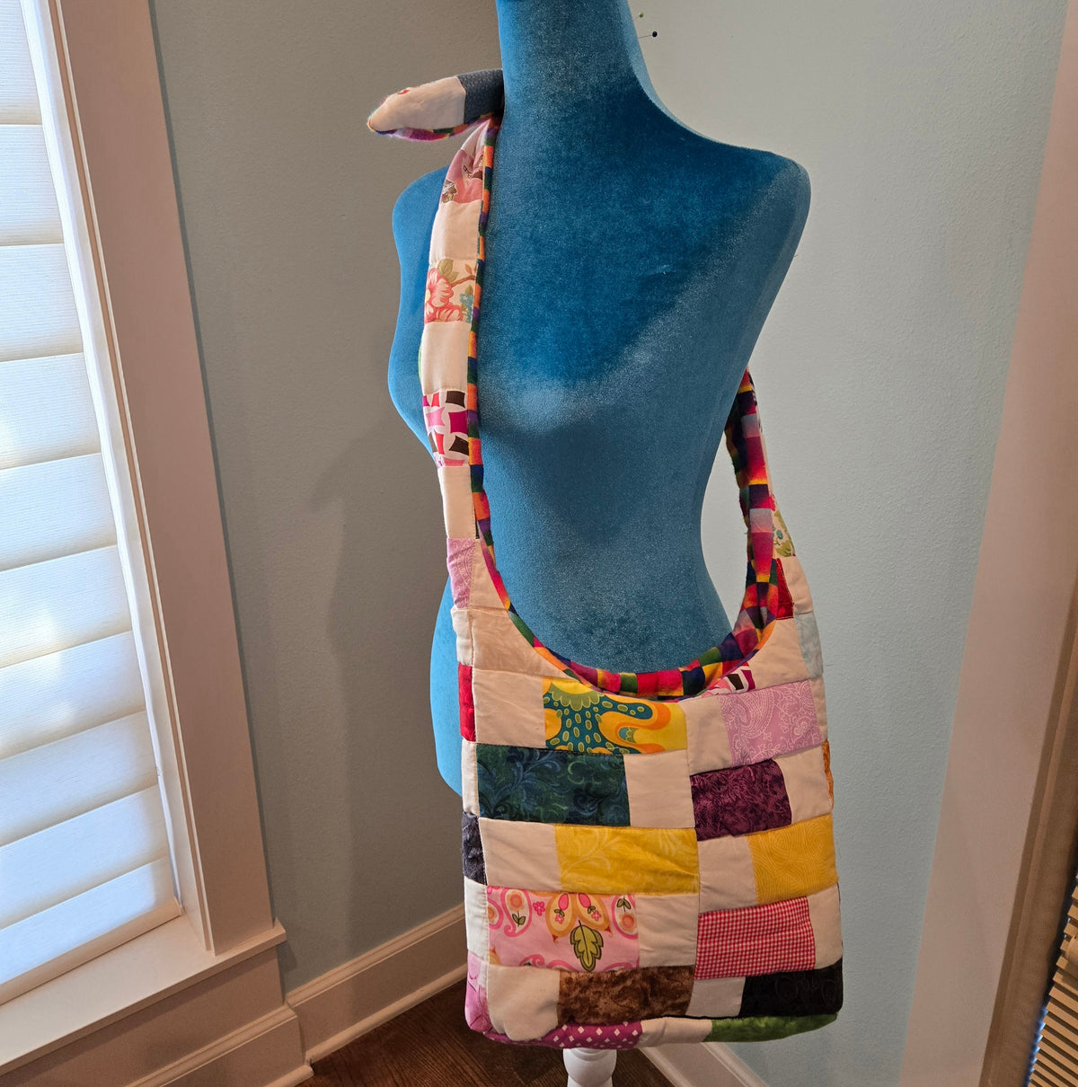 upcycled cream quilt sling purse