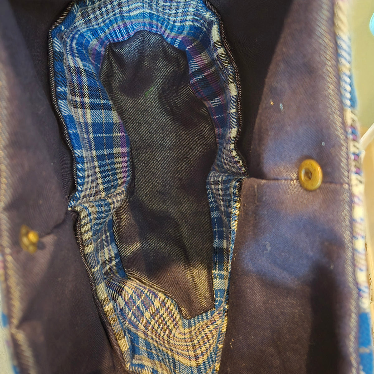 blue plaid sling purse