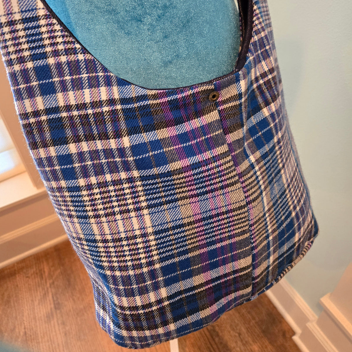 blue plaid sling purse