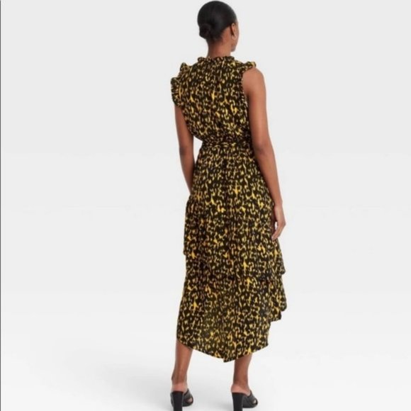 Leopard Print Sleeveless Keyhole Back Frill Ruffle Midi Hi-Lo dress