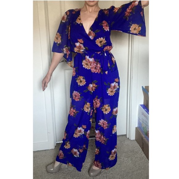 Royal Blue Floral Wide Leg Jumpsuit