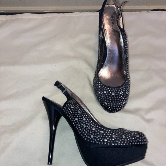 Bamboo black silver studded heels