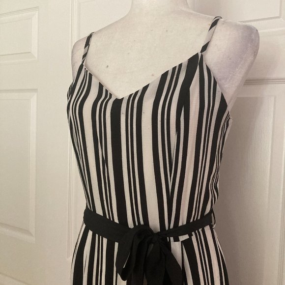 Monteau White and Black Vertical Stripe V-Neck Spaghetti Strap Jumpsuit