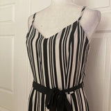 Monteau White and Black Vertical Stripe V-Neck Spaghetti Strap Jumpsuit