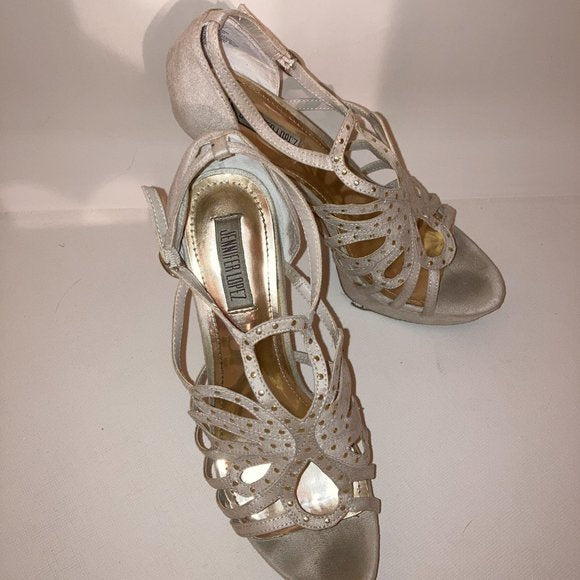 J. Lo Jade Greige Strappy Gold Studded Platform Stiletto Heels