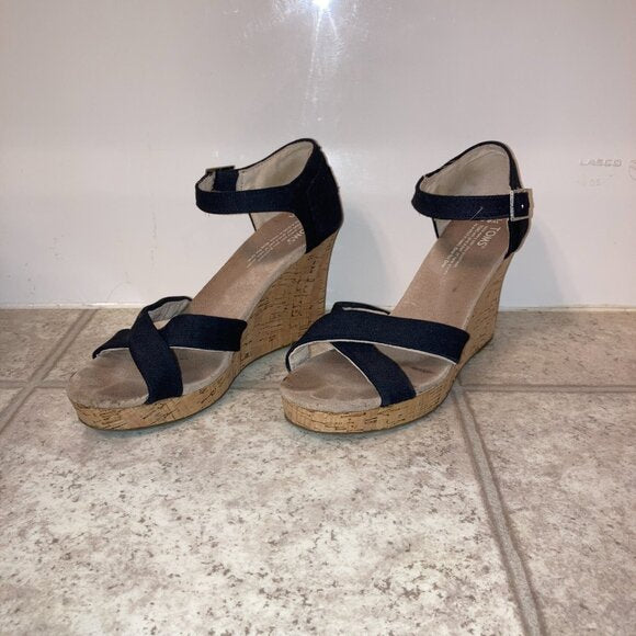 Toms Black Canvas Women's Strappy Wedge Sandals
