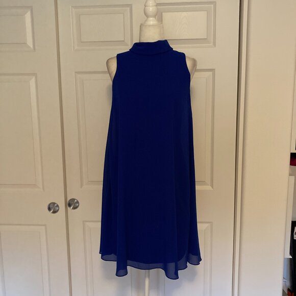 Vince Camuto Blue Zippered Sheer Lined Sleeveless Mock Neck Dress
