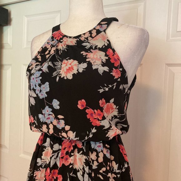 ELLE Floral Chiffon Hi-Low Maxi Dress in Black Floral