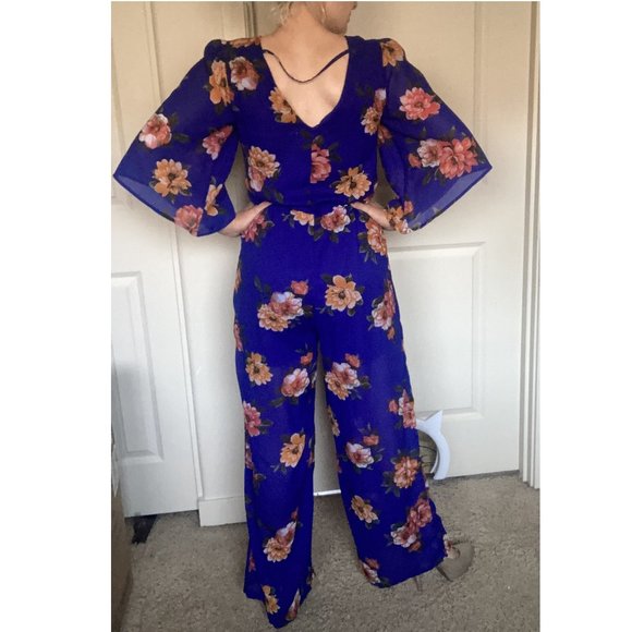 Royal Blue Floral Wide Leg Jumpsuit