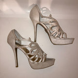 J. Lo Jade Greige Strappy Gold Studded Platform Stiletto Heels
