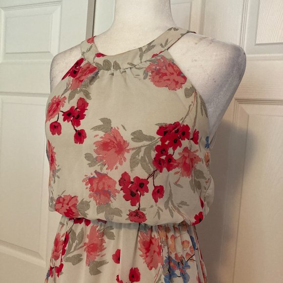 ELLE Floral Chiffon Hi-Low Maxi Dress in Tan