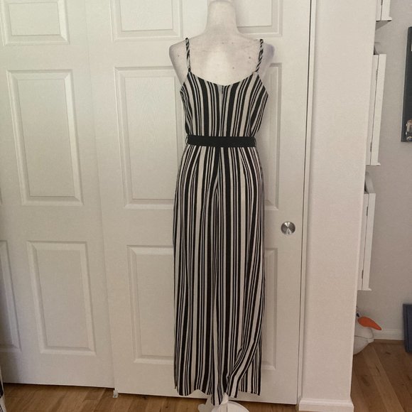 Monteau White and Black Vertical Stripe V-Neck Spaghetti Strap Jumpsuit