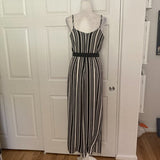 Monteau White and Black Vertical Stripe V-Neck Spaghetti Strap Jumpsuit