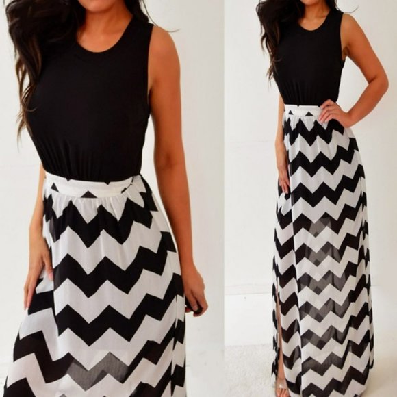 Heartsoul Black & White Chevron Chiffon Long Maxi Dress