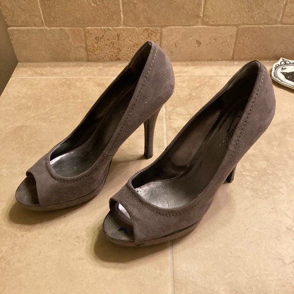 Candie’s Gray Brushed Suede Stiletto Open Toe Heel