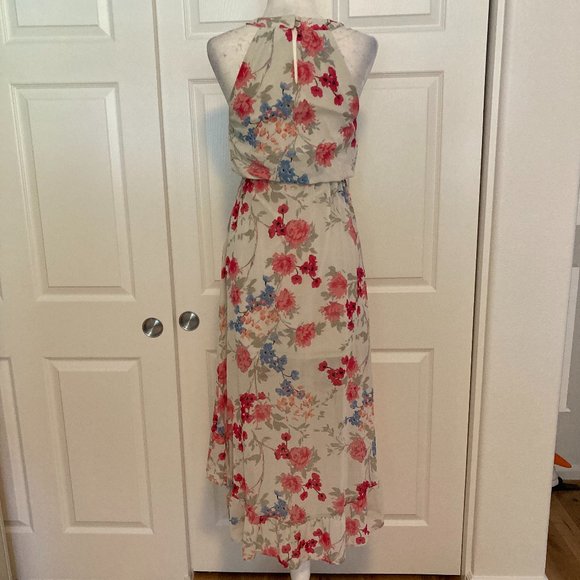 ELLE Floral Chiffon Hi-Low Maxi Dress in Tan