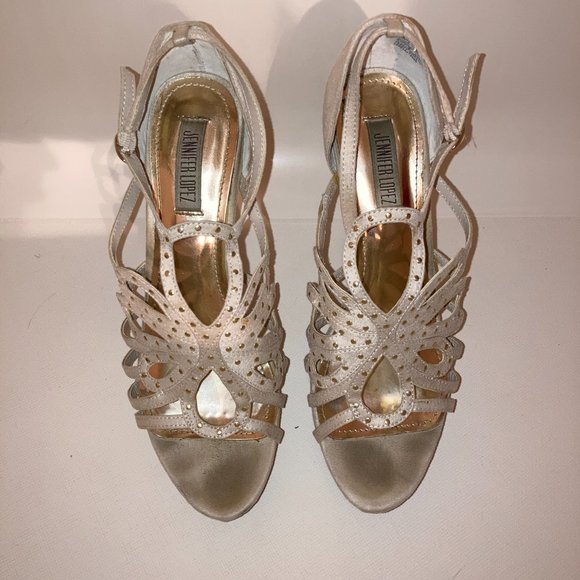 J. Lo Jade Greige Strappy Gold Studded Platform Stiletto Heels