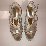 J. Lo Jade Greige Strappy Gold Studded Platform Stiletto Heels