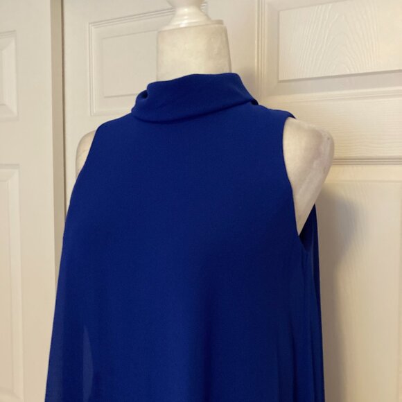 Vince Camuto Blue Zippered Sheer Lined Sleeveless Mock Neck Dress
