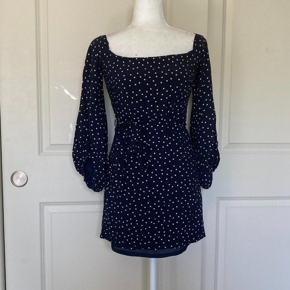Bardot by Urban Outfitters Navy Polka Dot Off-Shoulder mini dress