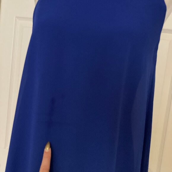 Vince Camuto Blue Zippered Sheer Lined Sleeveless Mock Neck Dress