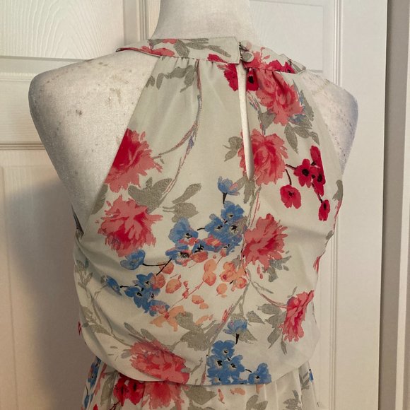 ELLE Floral Chiffon Hi-Low Maxi Dress in Tan