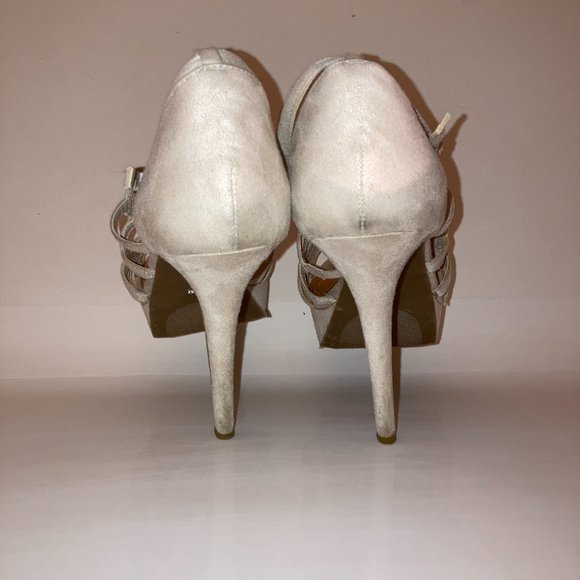 J. Lo Jade Greige Strappy Gold Studded Platform Stiletto Heels