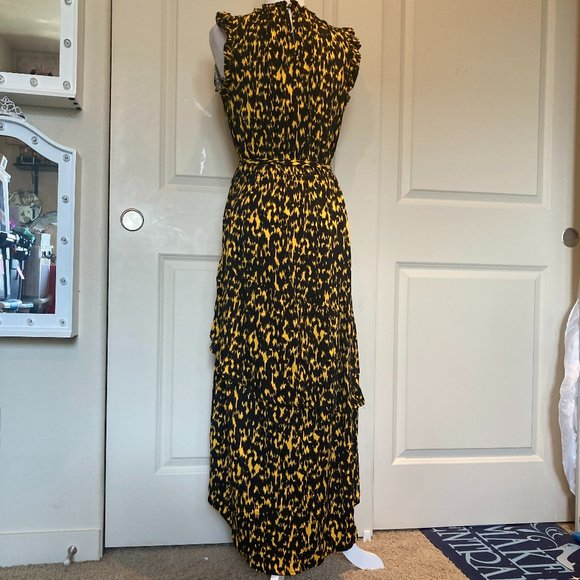 Leopard Print Sleeveless Keyhole Back Frill Ruffle Midi Hi-Lo dress