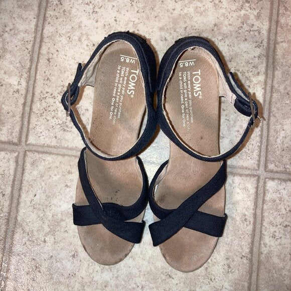 Toms Black Canvas Women's Strappy Wedge Sandals