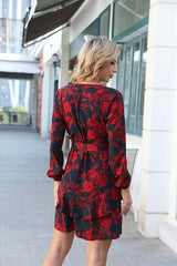 NWT Uguest Black & Red Floral Faux-Wrap Long Sleeve Mini-Dress
